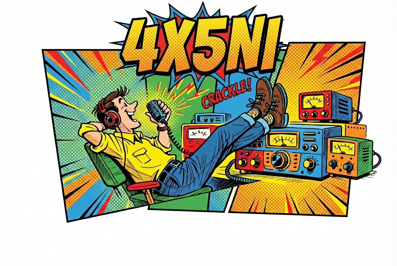 Pop art illustration of a ham radio operator at a transceiver